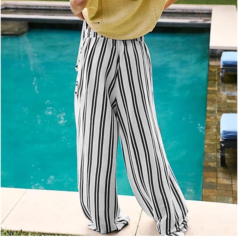 JONES NEW YORK Cream & Black Striped Silky Wide Leg Tailored Pullon Pant… - Picture 3 of 10